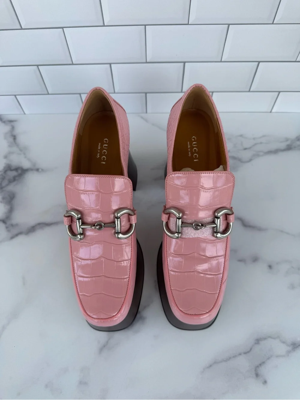 Gucci Pink Croc-Embossed Platform Loafers with Silver Horsebit